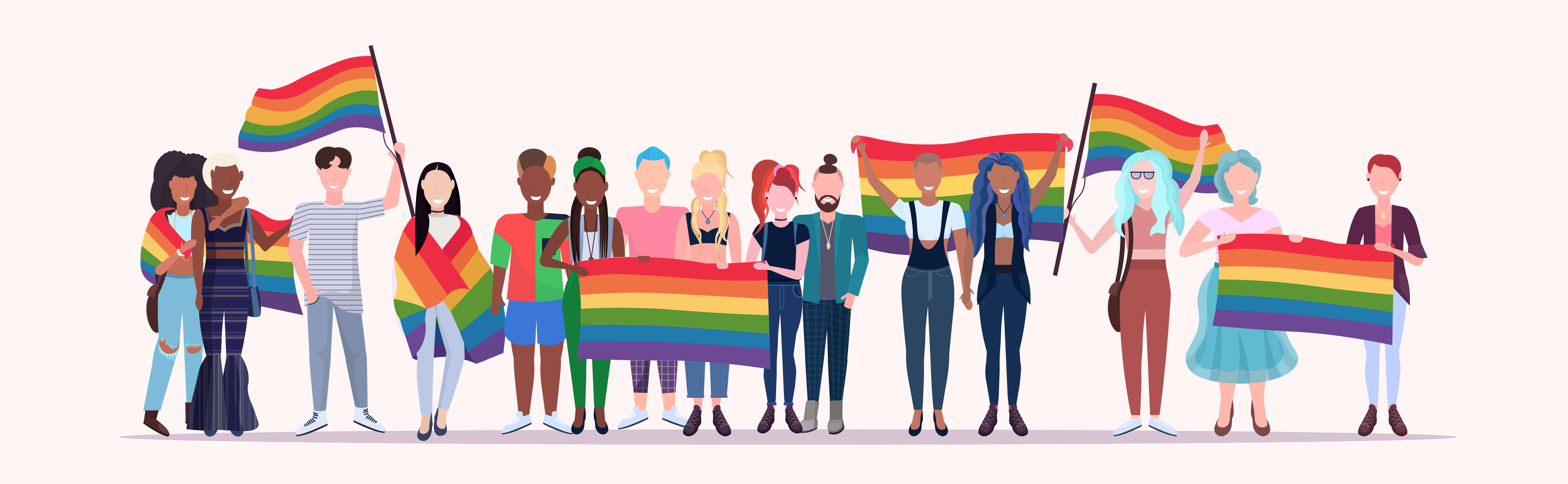 Diverse pride graphic with people and flags